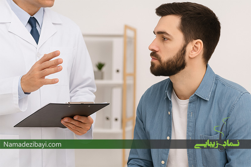 مشاوره پزشک و بیمار مرد درباره کاشت ریش در کلینیک زیبایی